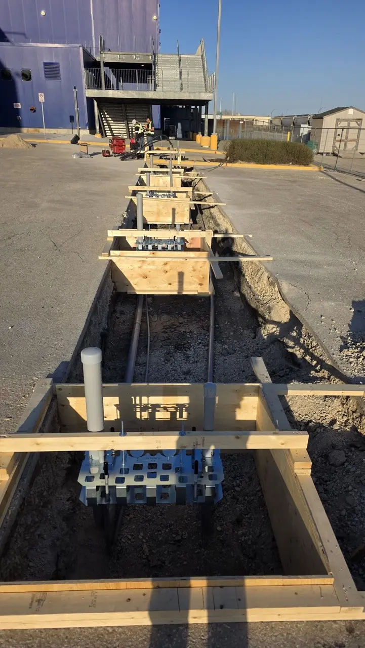 Formwork, conduits and equipment bases prepared for EV charging infrastructure