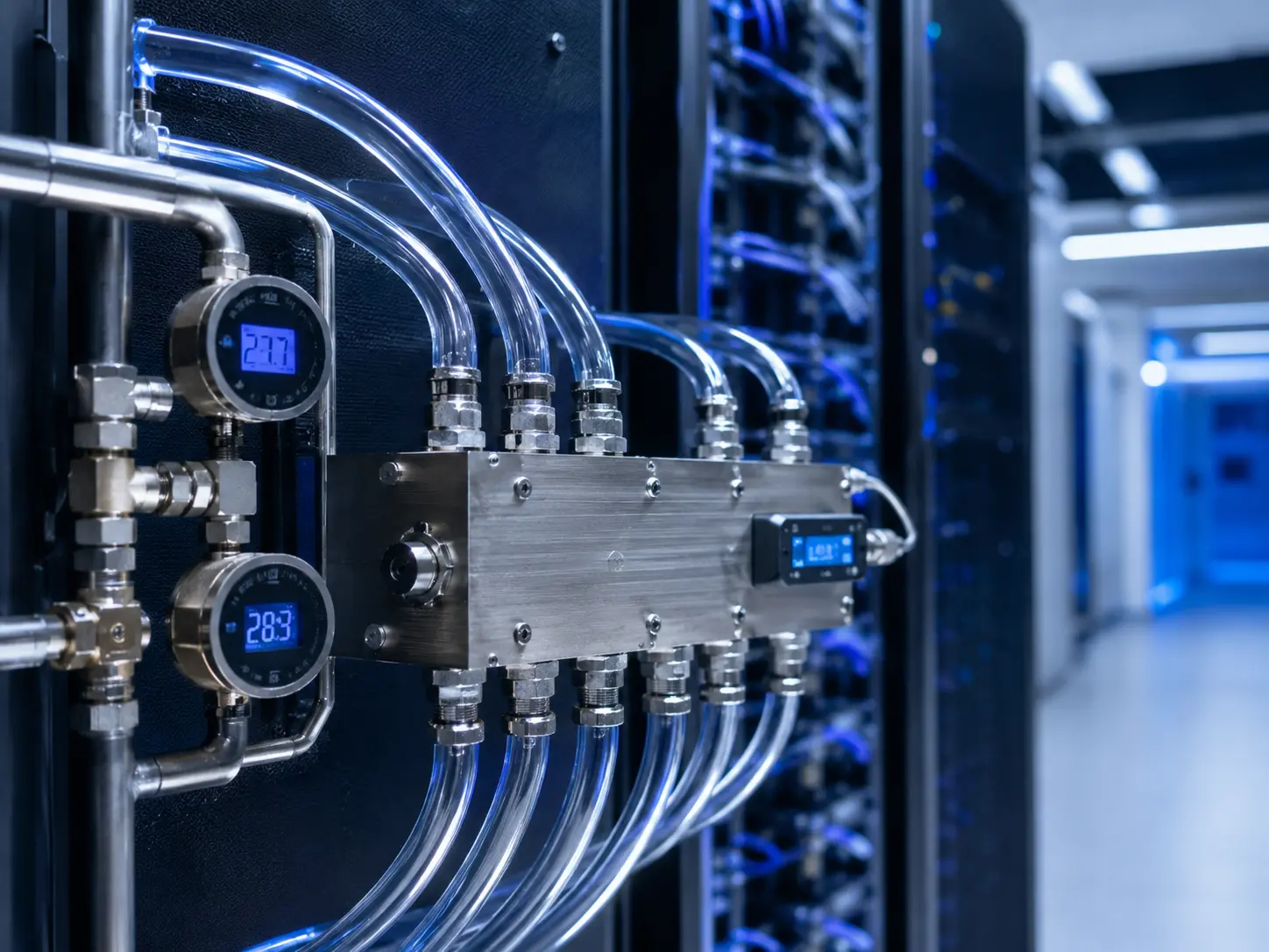 Illustrative close view of a liquid-cooled rack manifold with pressure and temperature instrumentation