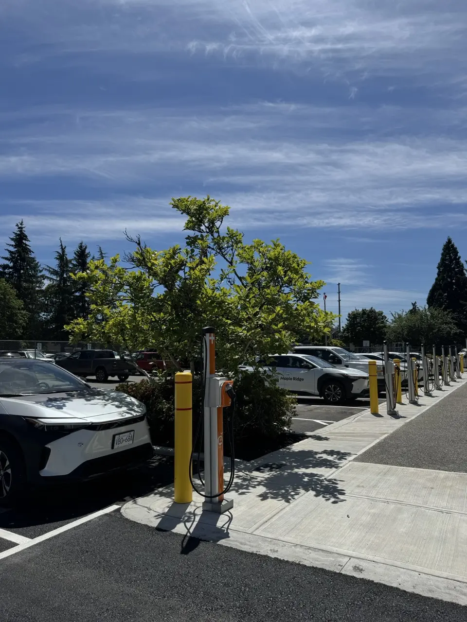 Maple Ridge fleet vehicles and the completed row of charging stations